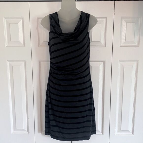 The Loft Striped Sleeveless Ruched Side Black Grey Dress size Small S -EUC - Picture 2 of 6